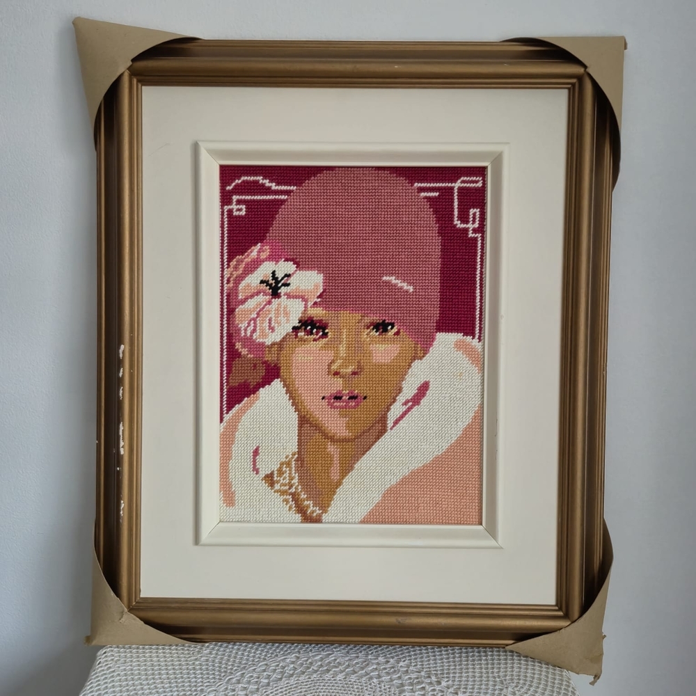 Vintage Framed Art Deco Needlepoint, Handmade Flapper Girl Portrait